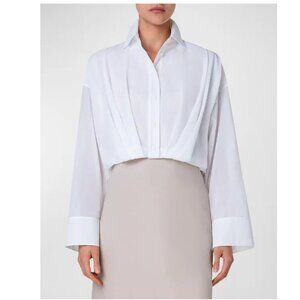Akris Cropped Cotton Voile Button-Up White Blouse with Pleated Waist